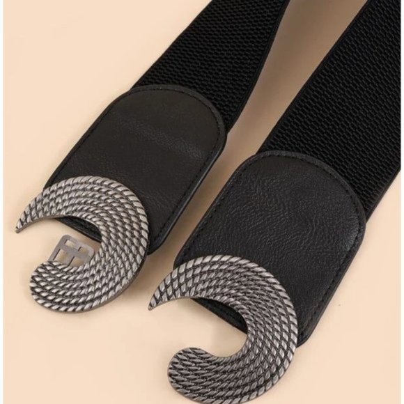 Black Symmetrical Round Buckle Wide Elastic Belt - Picture 3 of 9